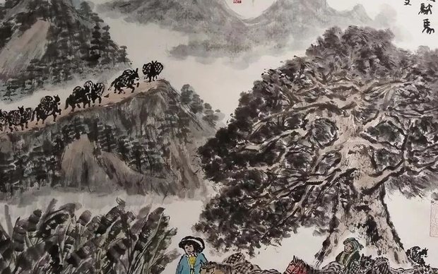 吴学斌山乡驮队题材国画
